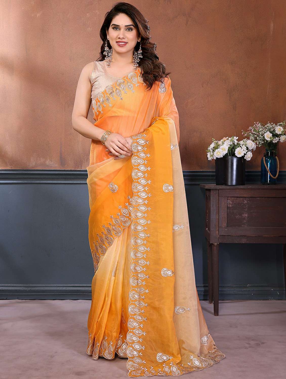 women ombre embroidered saree with blouse