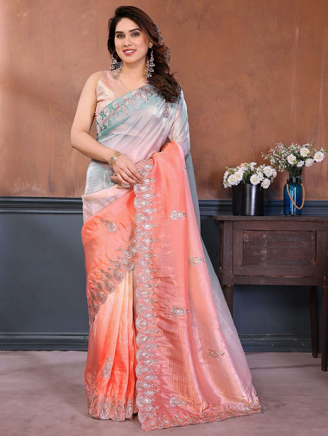 women ombre embroidered saree with blouse