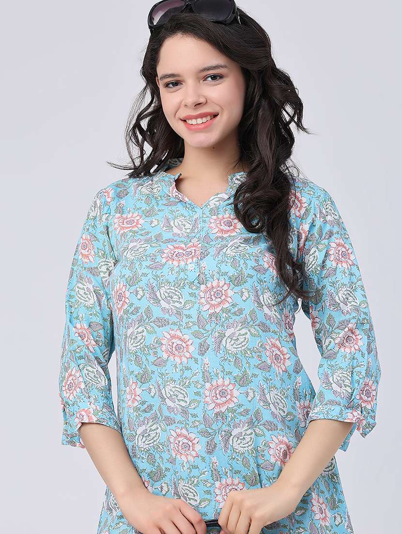women floral three quarter sleeve straight kurti - 22439300 -  Standard Image - 1