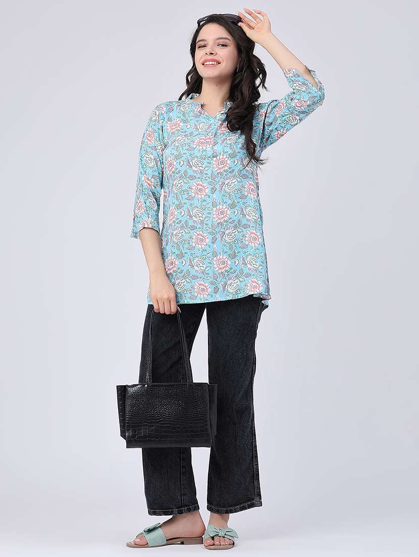 women floral three quarter sleeve straight kurti - 22439300 -  Standard Image - 4