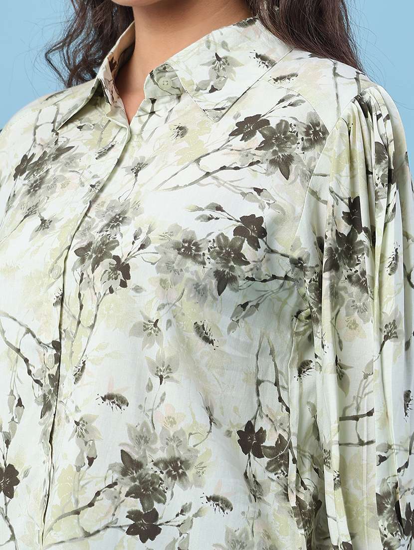 floral print mandarin collar light green cotton shirt - 22439464 -  Standard Image - 1