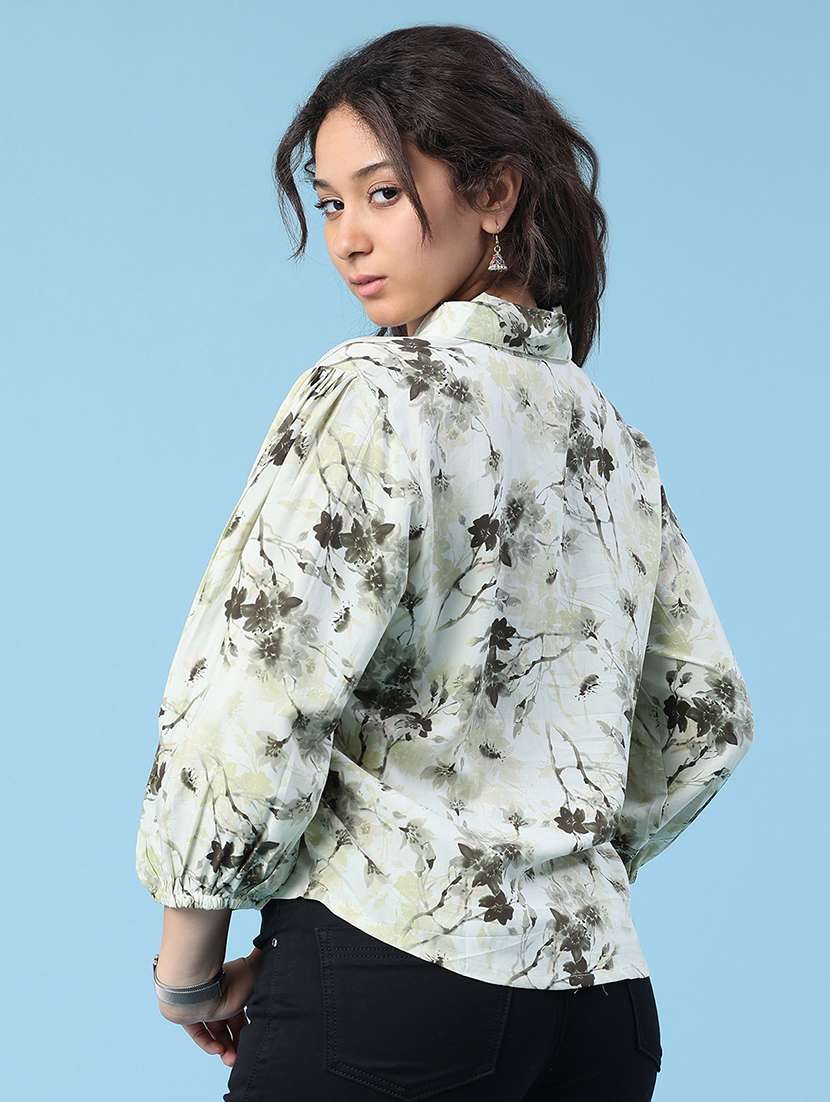 floral print mandarin collar light green cotton shirt - 22439464 -  Standard Image - 4