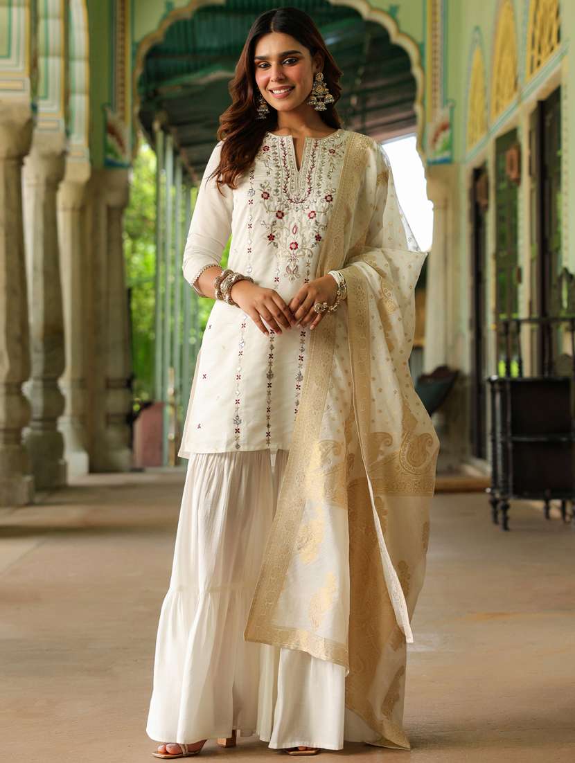 off white embroidered kurta sharara set