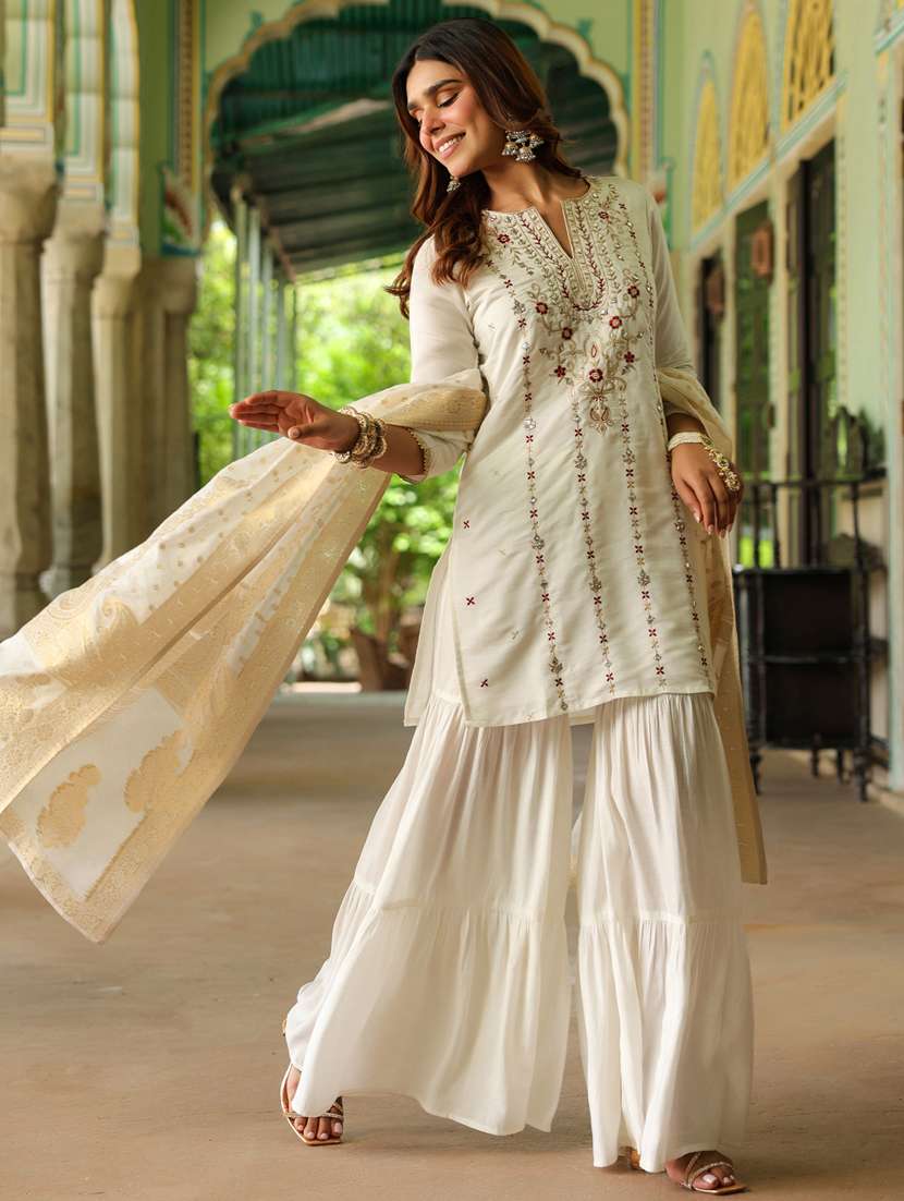 off white embroidered kurta sharara set - 22439852 -  Standard Image - 4