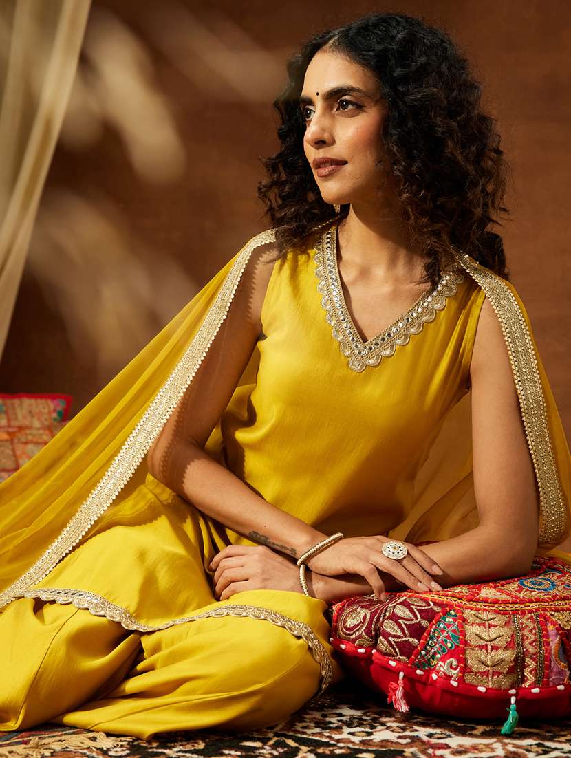 yellow chanderi kurta sharara dupatta set - 22439853 -  Standard Image - 1