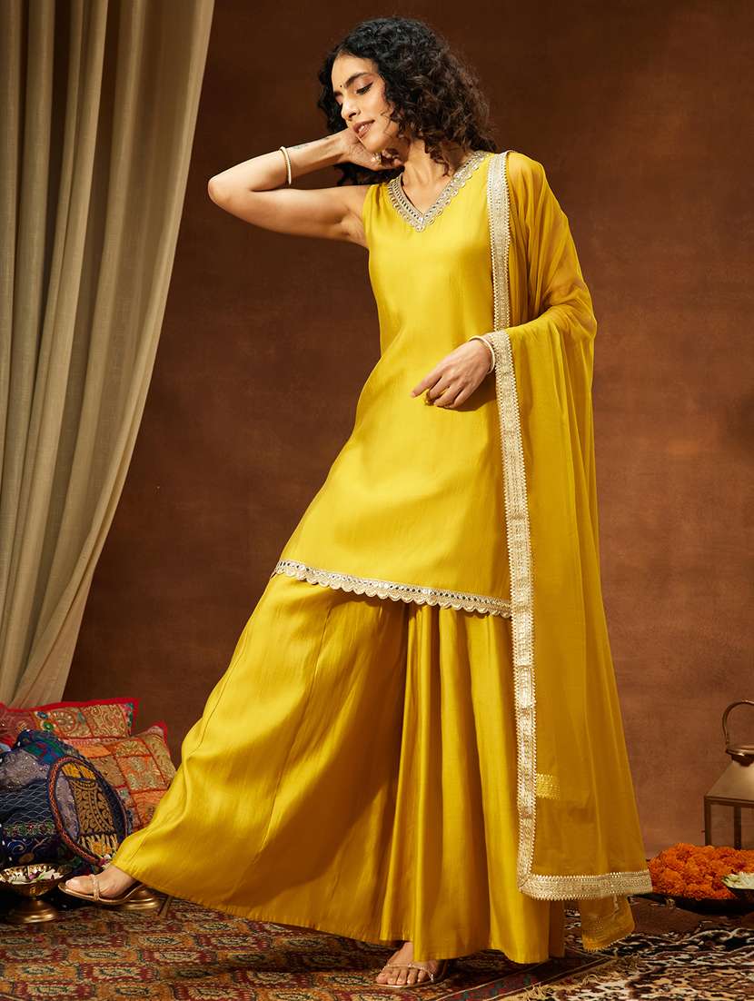 yellow chanderi kurta sharara dupatta set - 22439853 -  Standard Image - 4