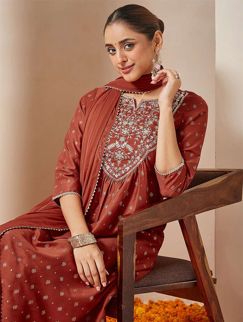 women rust kurta dupatta set - 22439877 -  Standard Image - 1