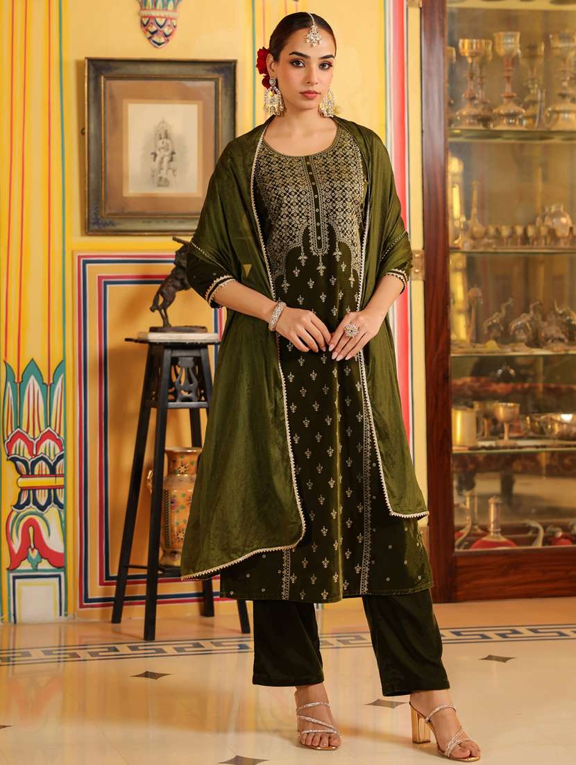 women olive kurta dupatta set