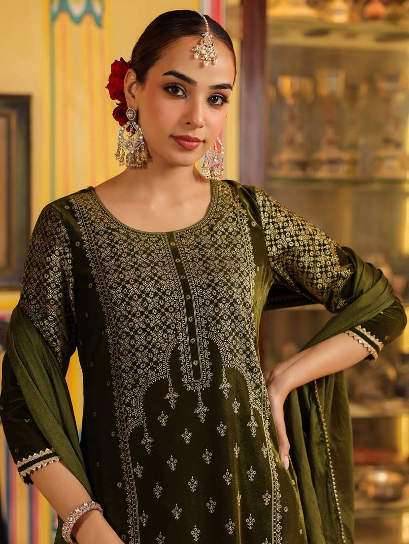 women olive kurta dupatta set - 22439922 -  Standard Image - 1