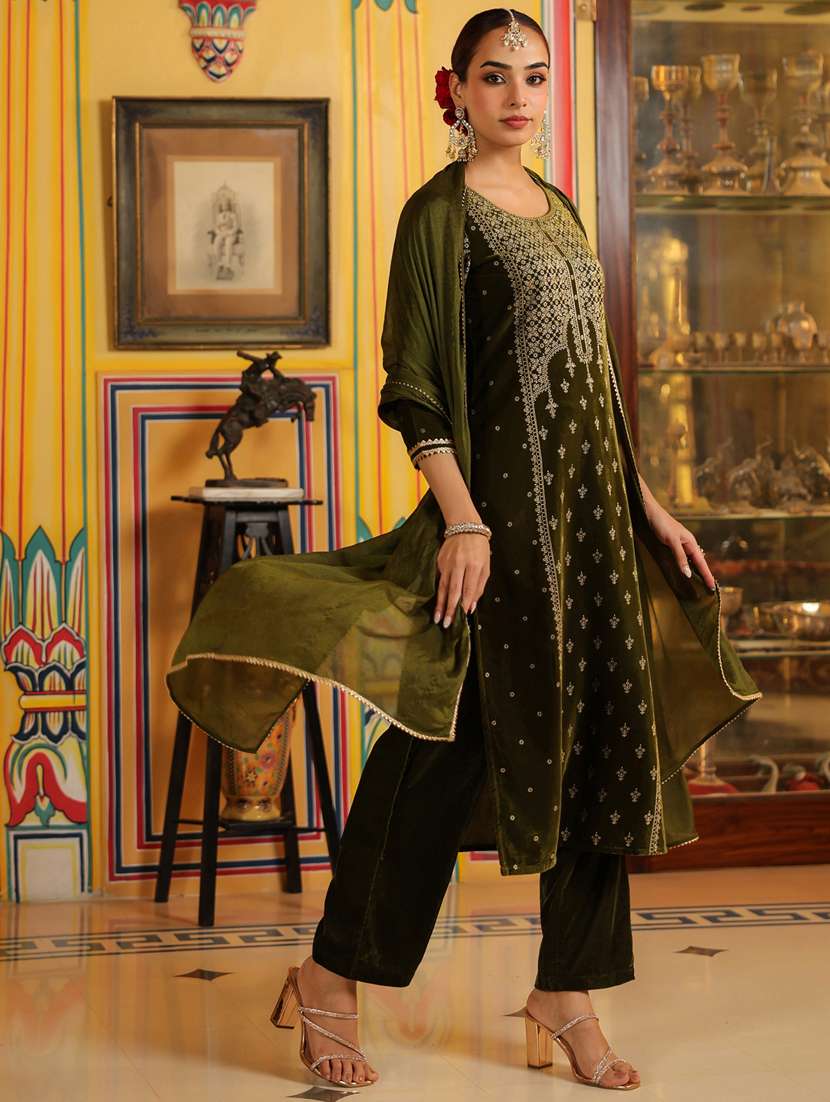 women olive kurta dupatta set - 22439922 -  Standard Image - 4