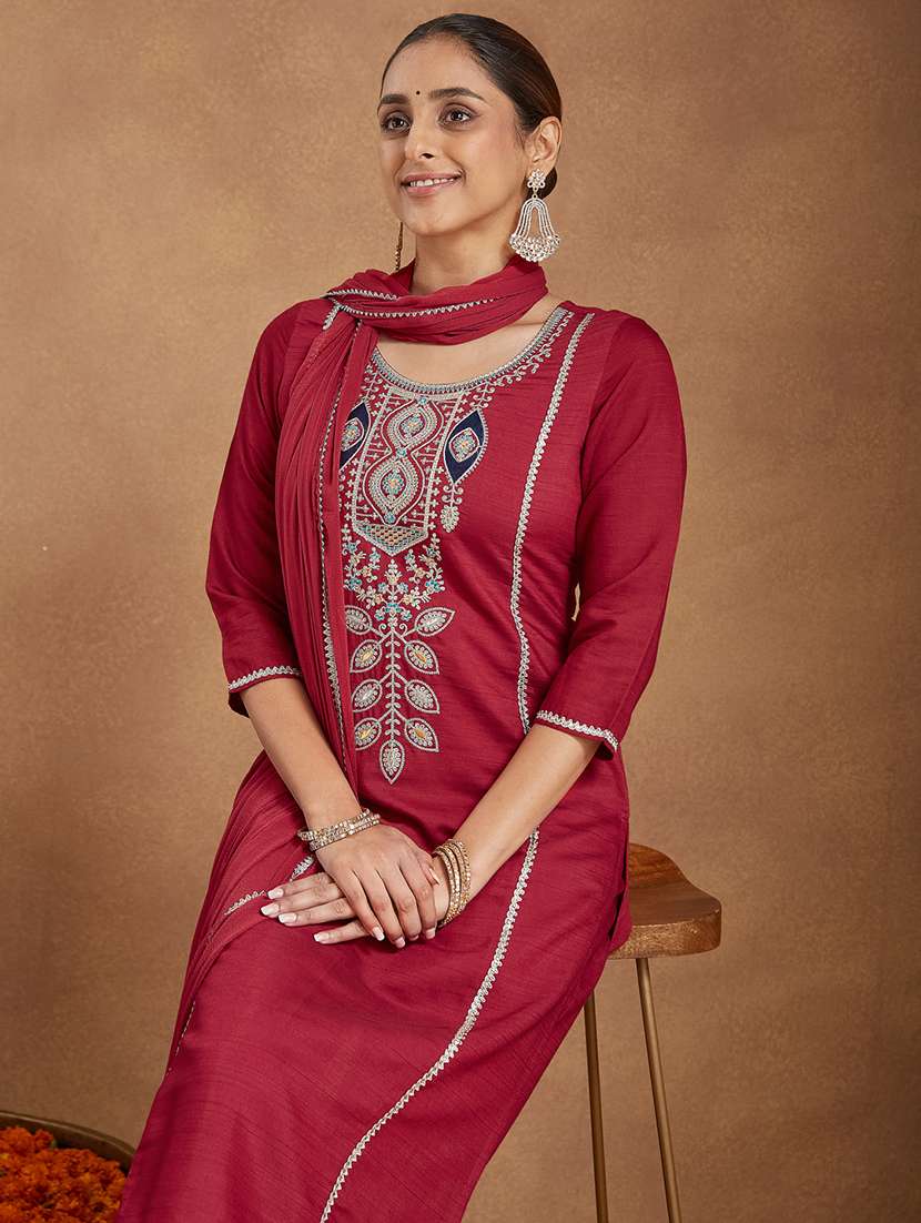 women maroon kurta dupatta set - 22439972 -  Standard Image - 1