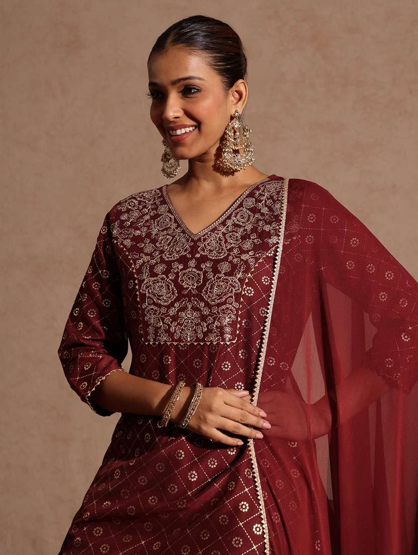 women maroon kurta dupatta set - 22440045 -  Standard Image - 1
