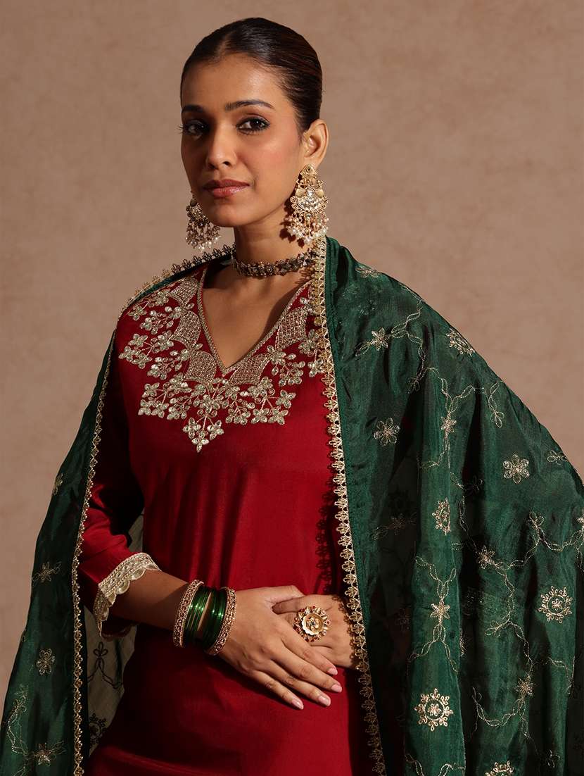 women embroidered three quarter sleeve kurta pant with dupatta set - 22440054 -  Standard Image - 1
