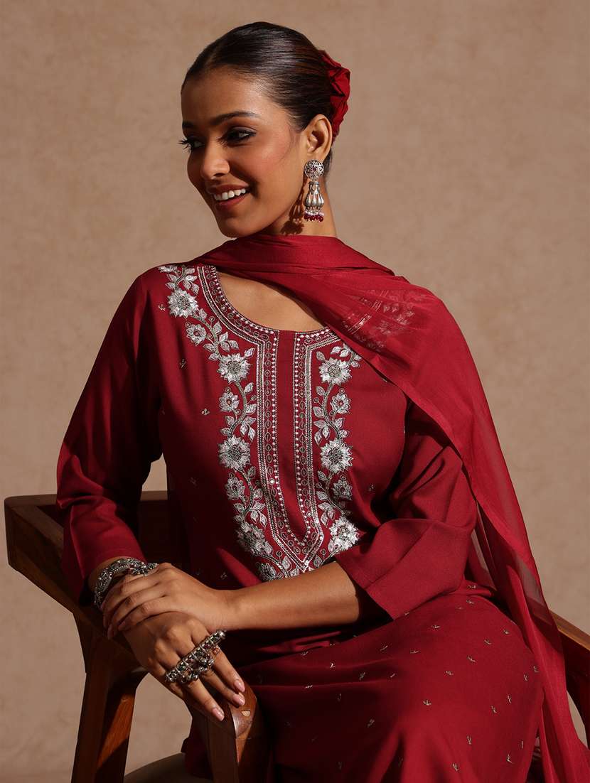 women maroon kurta dupatta set - 22440055 -  Standard Image - 1