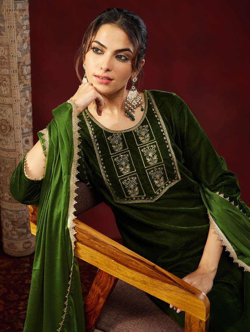 Women Olive Kurta Dupatta Set - 22440061 -  Standard Image - 1