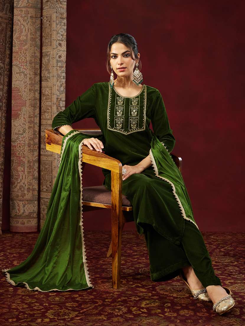 Women Olive Kurta Dupatta Set - 22440061 -  Standard Image - 4