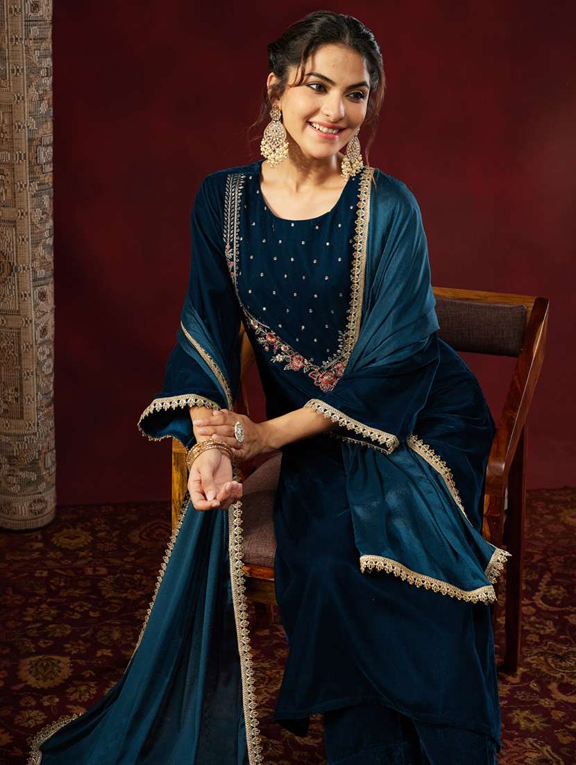 women teal kurta dupatta set - 22440064 -  Standard Image - 1