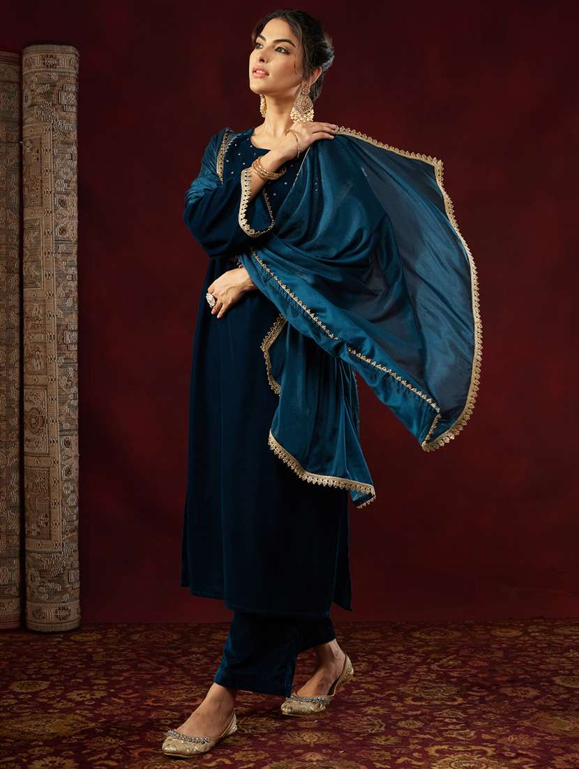 women teal kurta dupatta set - 22440064 -  Standard Image - 4