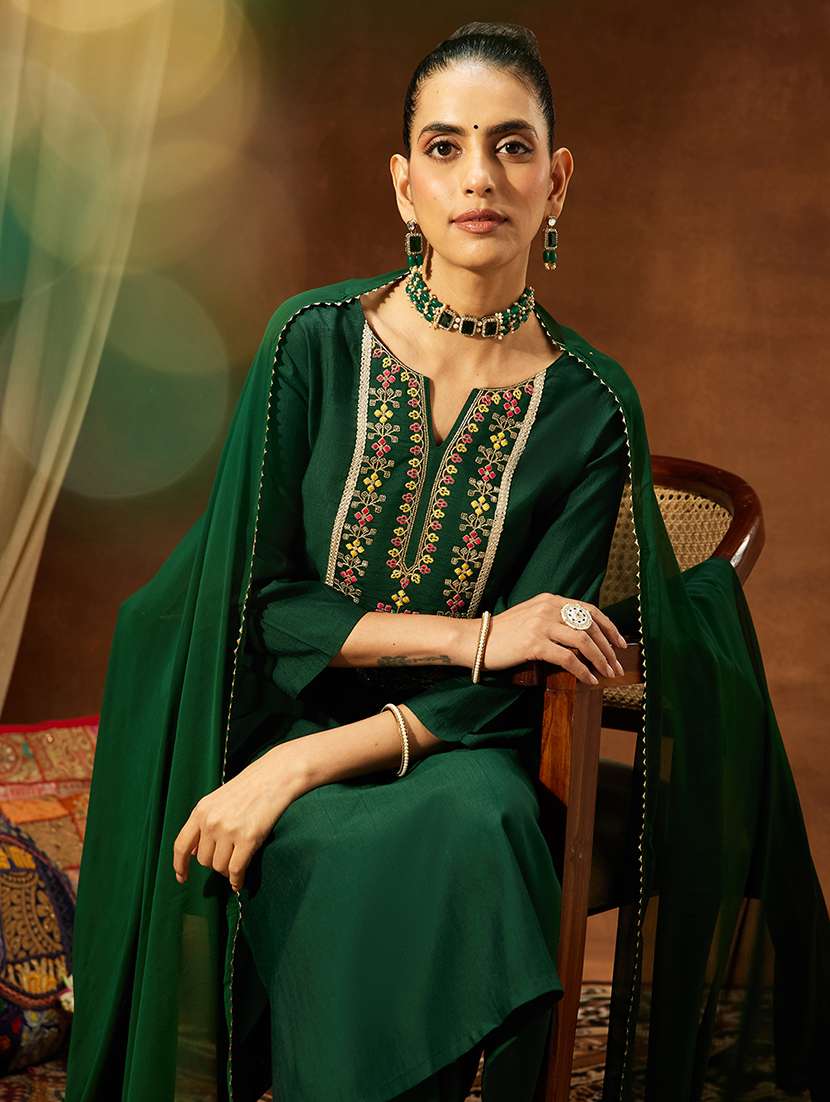 women bottle green kurta dupatta set - 22440075 -  Standard Image - 1