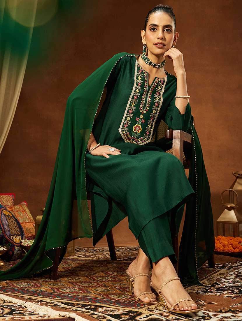women bottle green kurta dupatta set - 22440075 -  Standard Image - 4