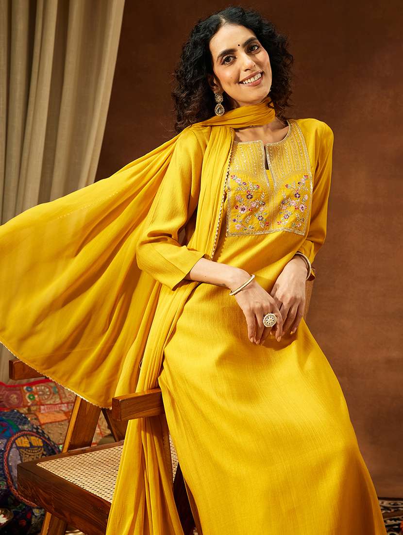 women mustard kurta dupatta set - 22440076 -  Standard Image - 1