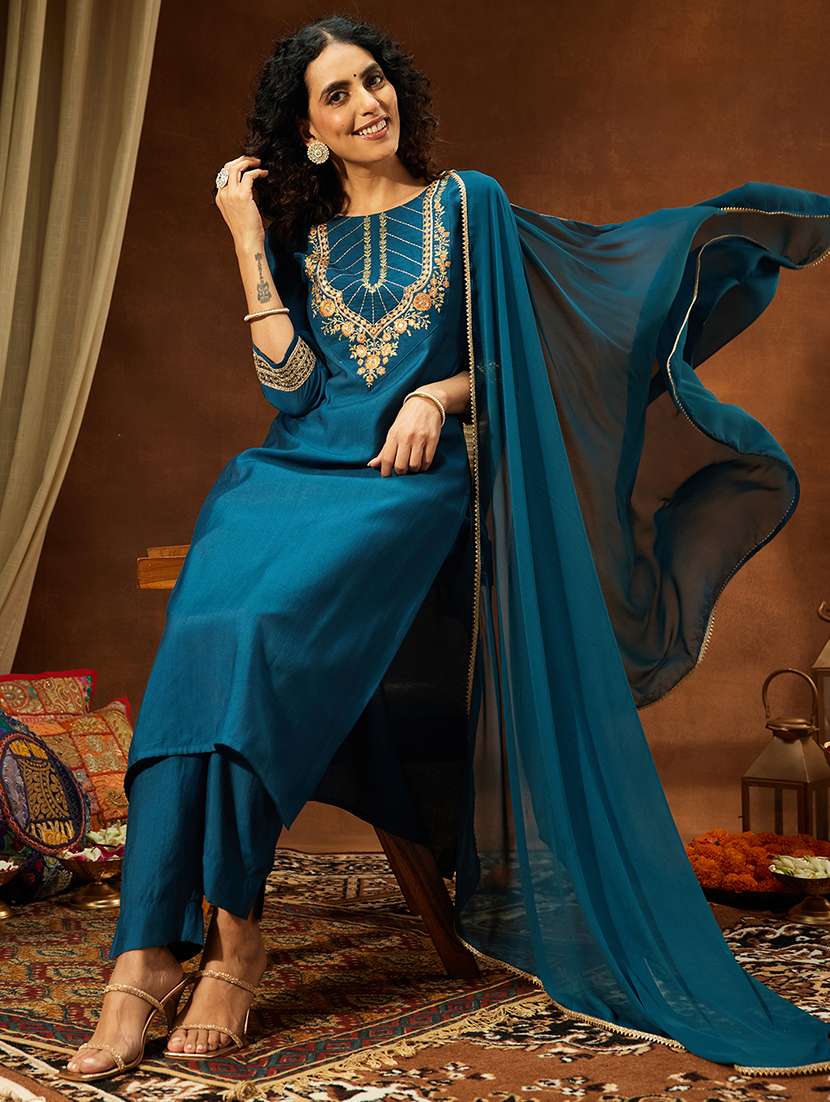 women teal kurta dupatta set - 22440077 -  Standard Image - 1
