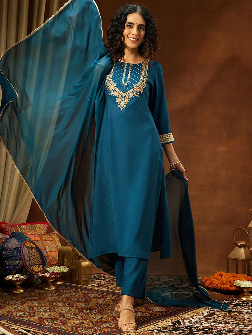 women teal kurta dupatta set - 22440077 -  Standard Image - 4