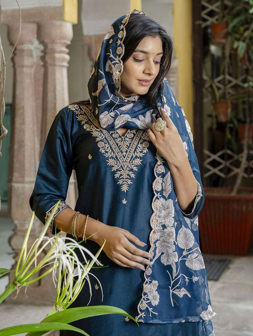women solid with work three quarter sleeve kurta pant with dupatta set - 22440106 -  Standard Image - 1