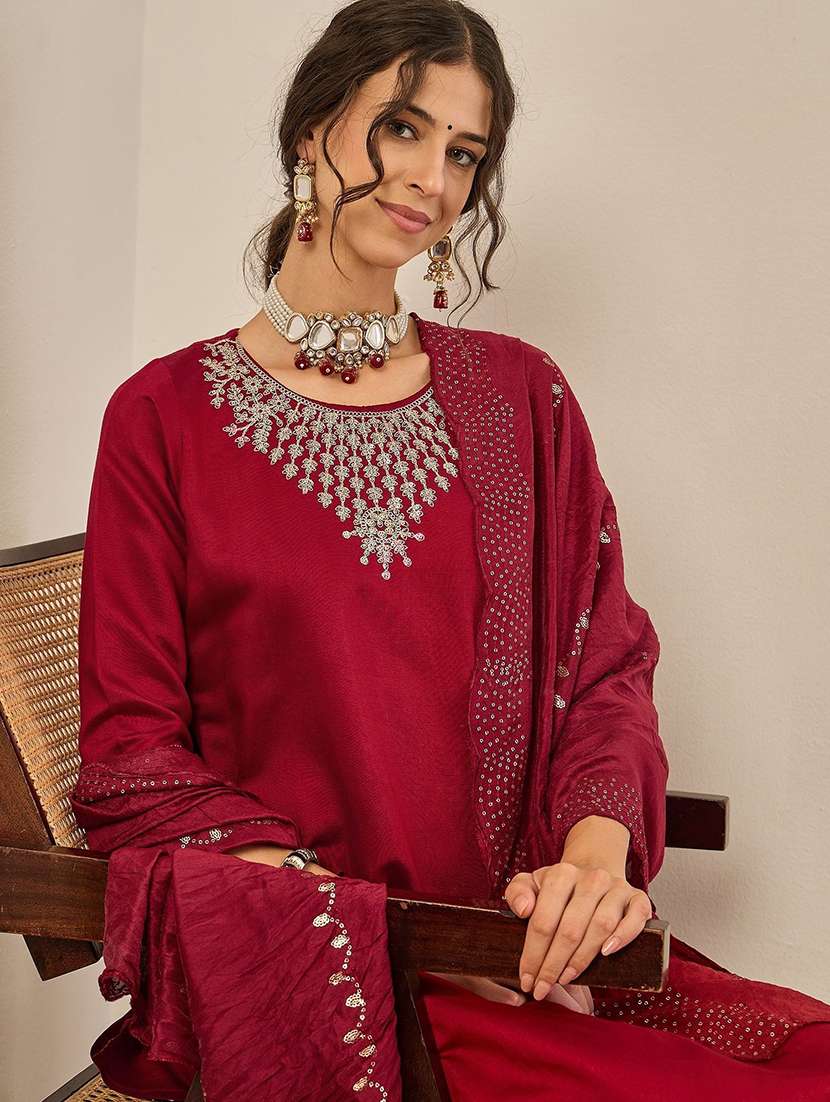 women solid with work three quarter sleeve kurta pant with dupatta set - 22440114 -  Standard Image - 1