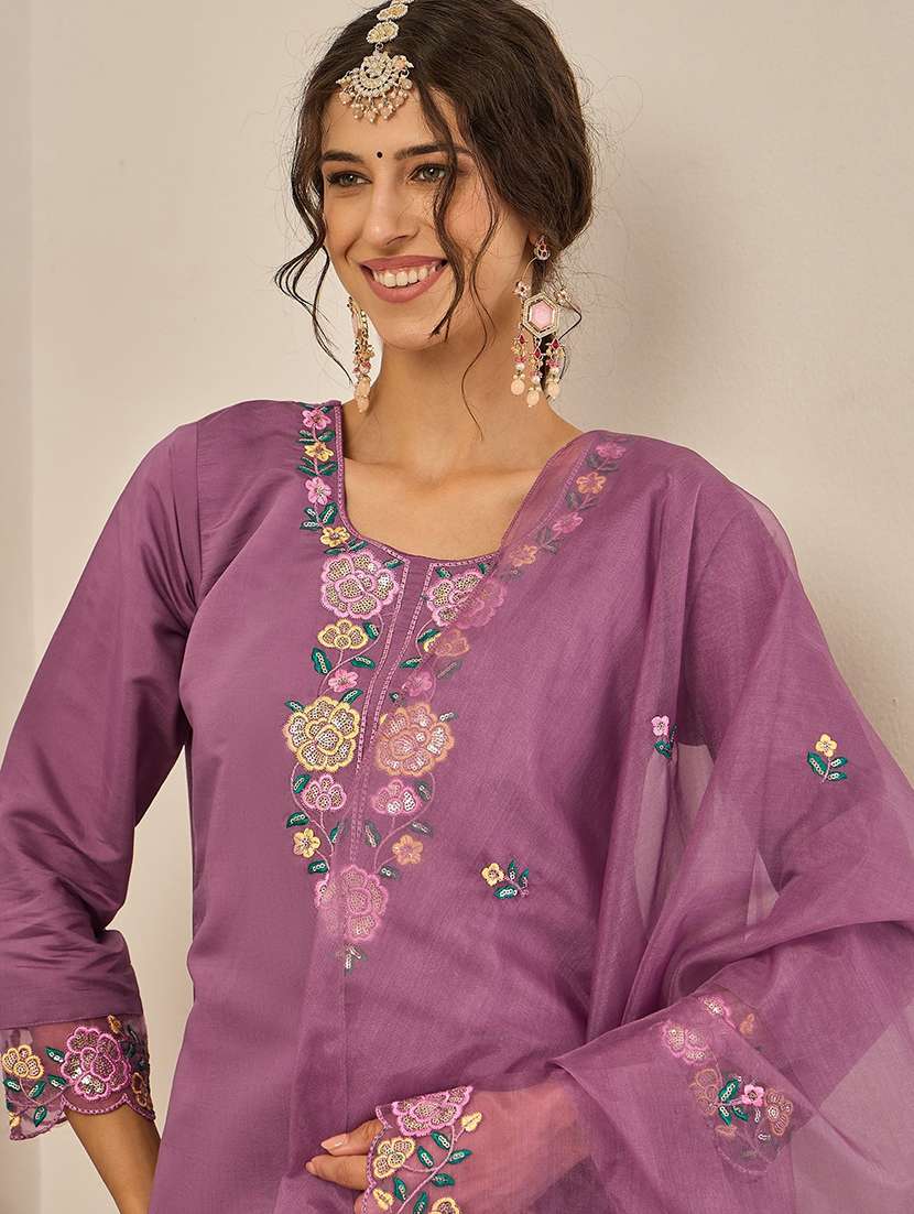 women solid with work three quarter sleeve kurta pant with dupatta set - 22440123 -  Standard Image - 1