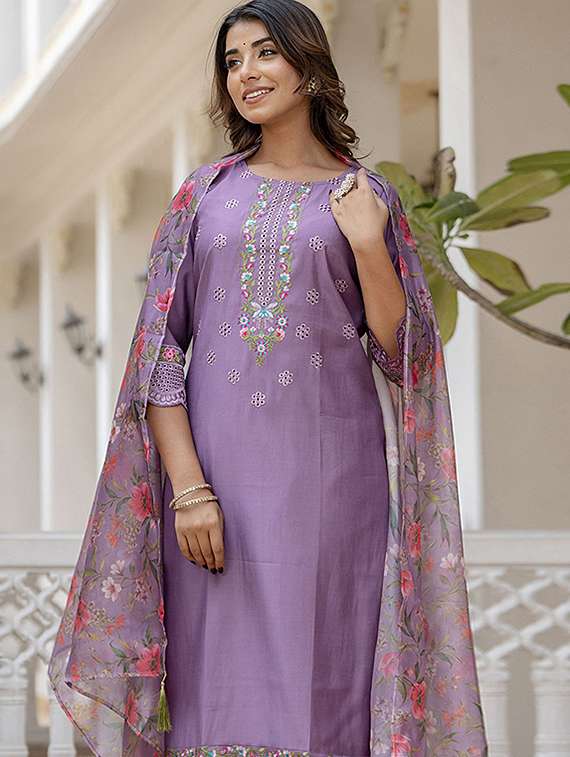 women solid with work three quarter sleeve kurta pant with dupatta set - 22440137 -  Standard Image - 1
