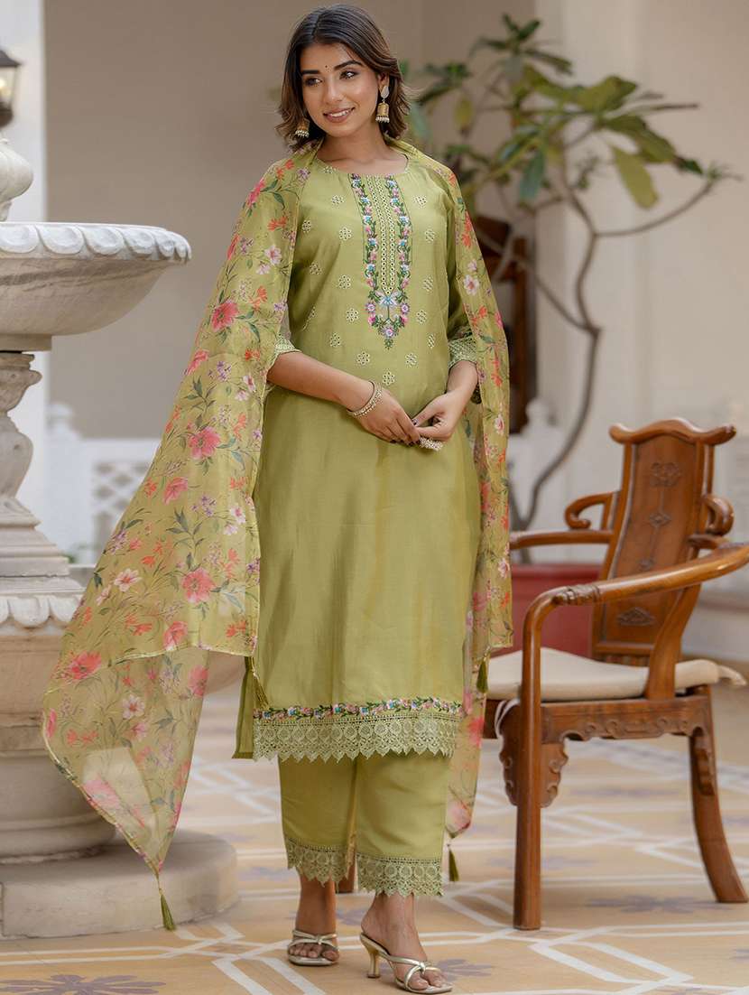 women solid with work three quarter sleeve kurta pant with dupatta set - 22440138 -  Standard Image - 1