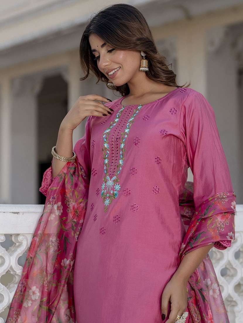 women solid with work three quarter sleeve kurta pant with dupatta set - 22440139 -  Standard Image - 1