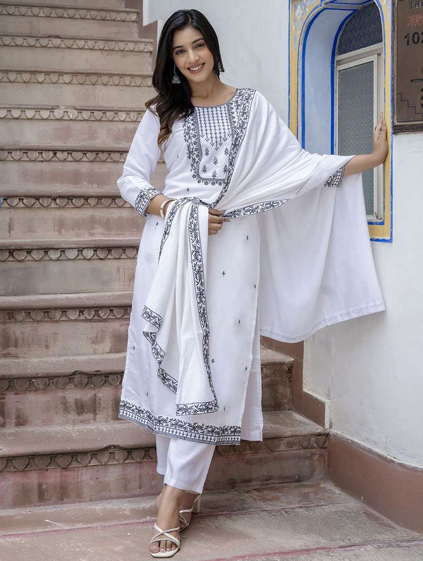 Women Solid With Work Three Quarter Sleeve Kurta Pant With Dupatta Set - 22440146 -  Standard Image - 1