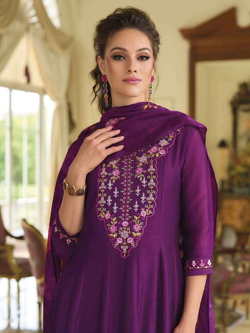 women self design purple kurta dupatta set - 22440209 -  Standard Image - 1