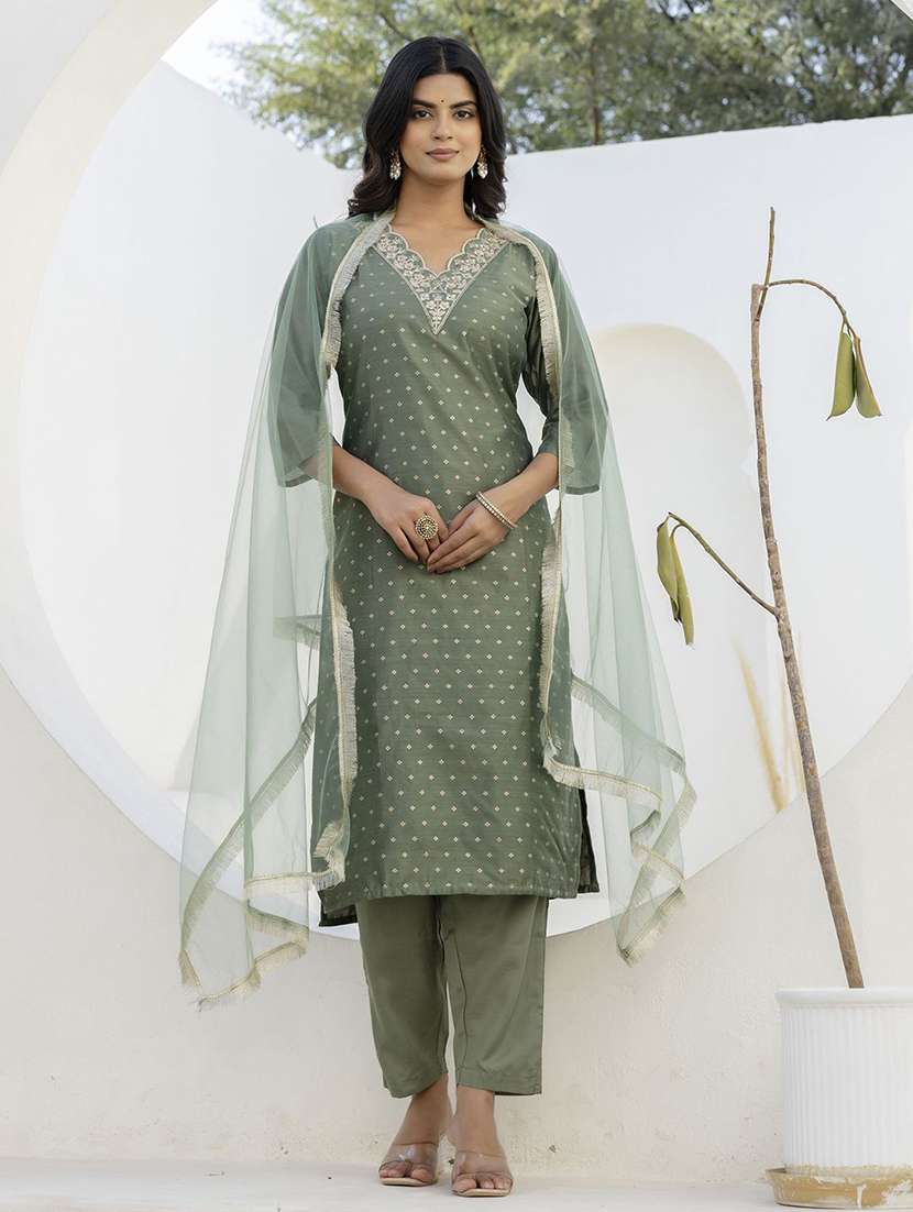 women self design green kurta dupatta set - 22440262 -  Standard Image - 1