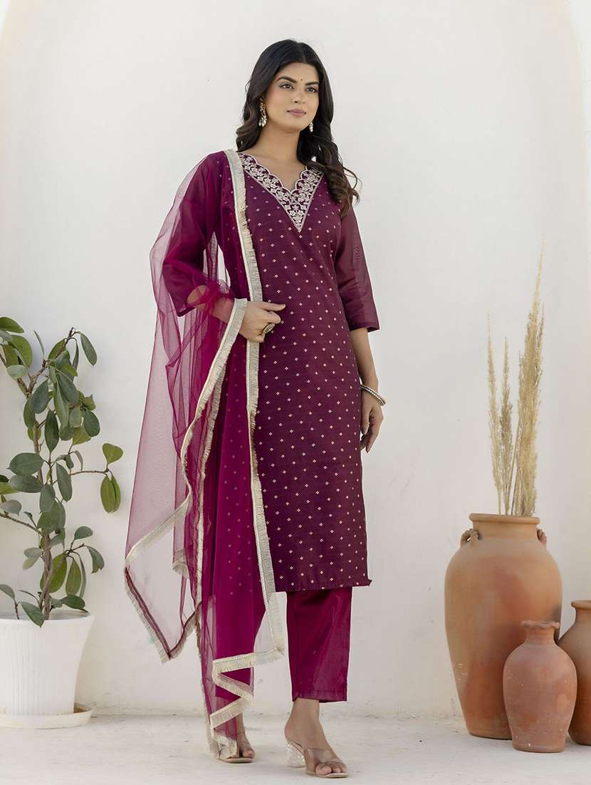women purple kurta dupatta set - 22440264 -  Standard Image - 1