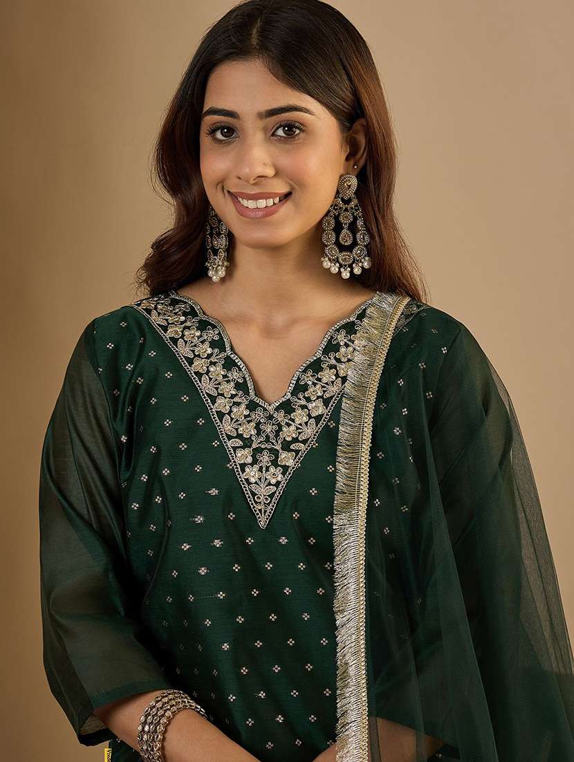 women self design green kurta dupatta set - 22440266 -  Standard Image - 1