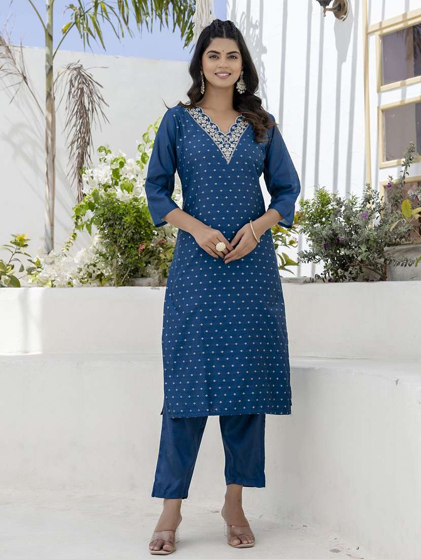 women self design blue kurta dupatta set - 22440270 -  Standard Image - 1