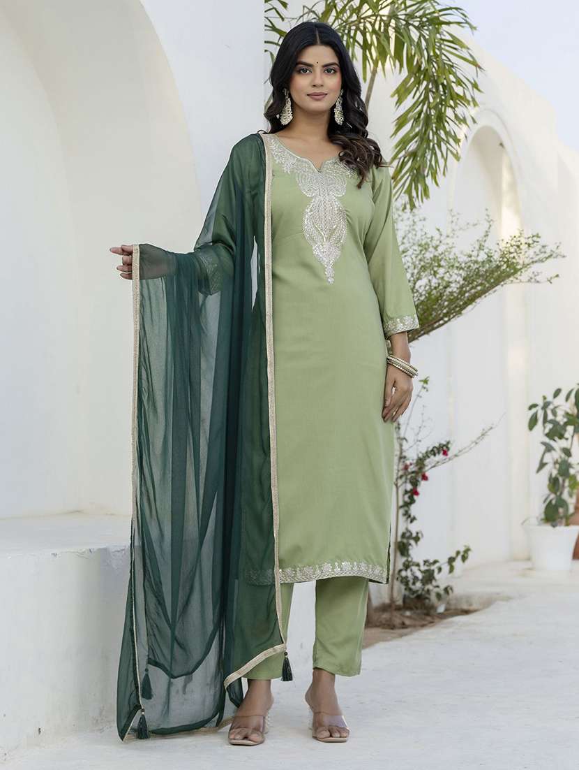 women solid with work three quarter sleeve kurta pant with dupatta set