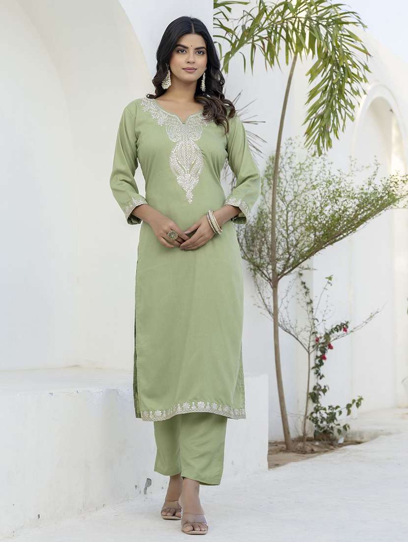 women solid with work three quarter sleeve kurta pant with dupatta set - 22440273 -  Standard Image - 1