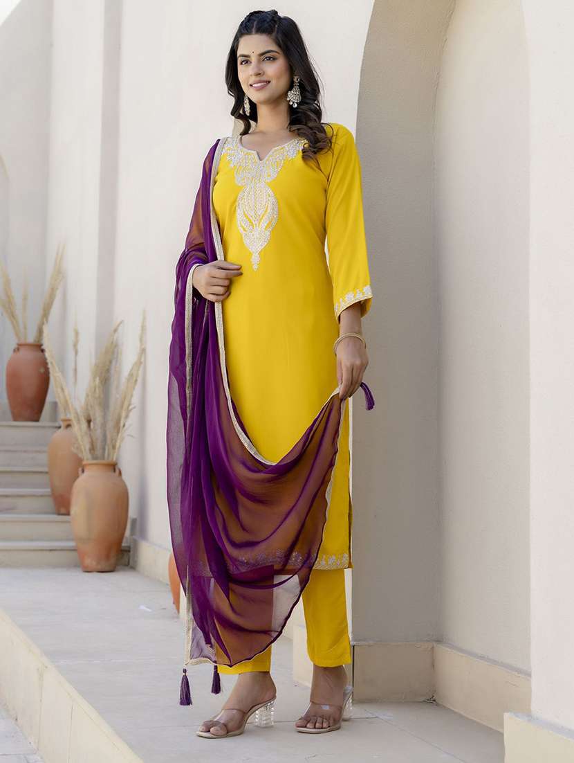 women solid with work three quarter sleeve kurta pant with dupatta set - 22440274 -  Standard Image - 1