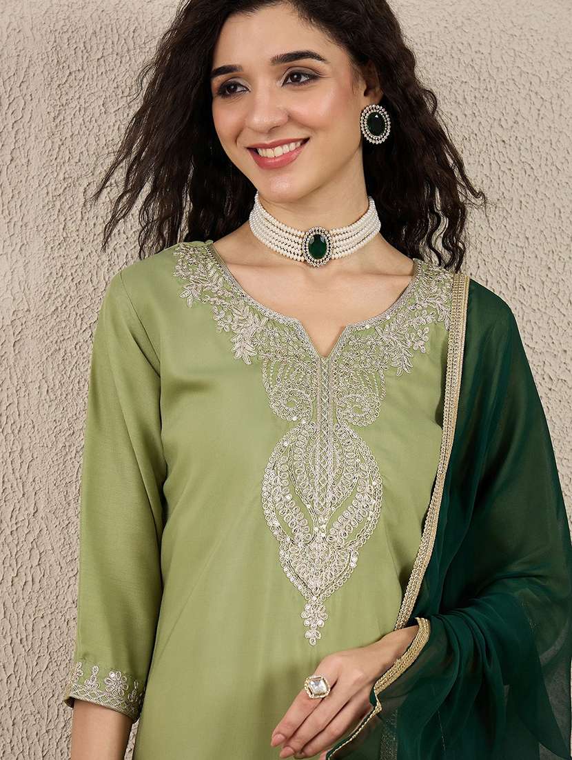 women solid with work three quarter sleeve kurta pant with dupatta set - 22440276 -  Standard Image - 1