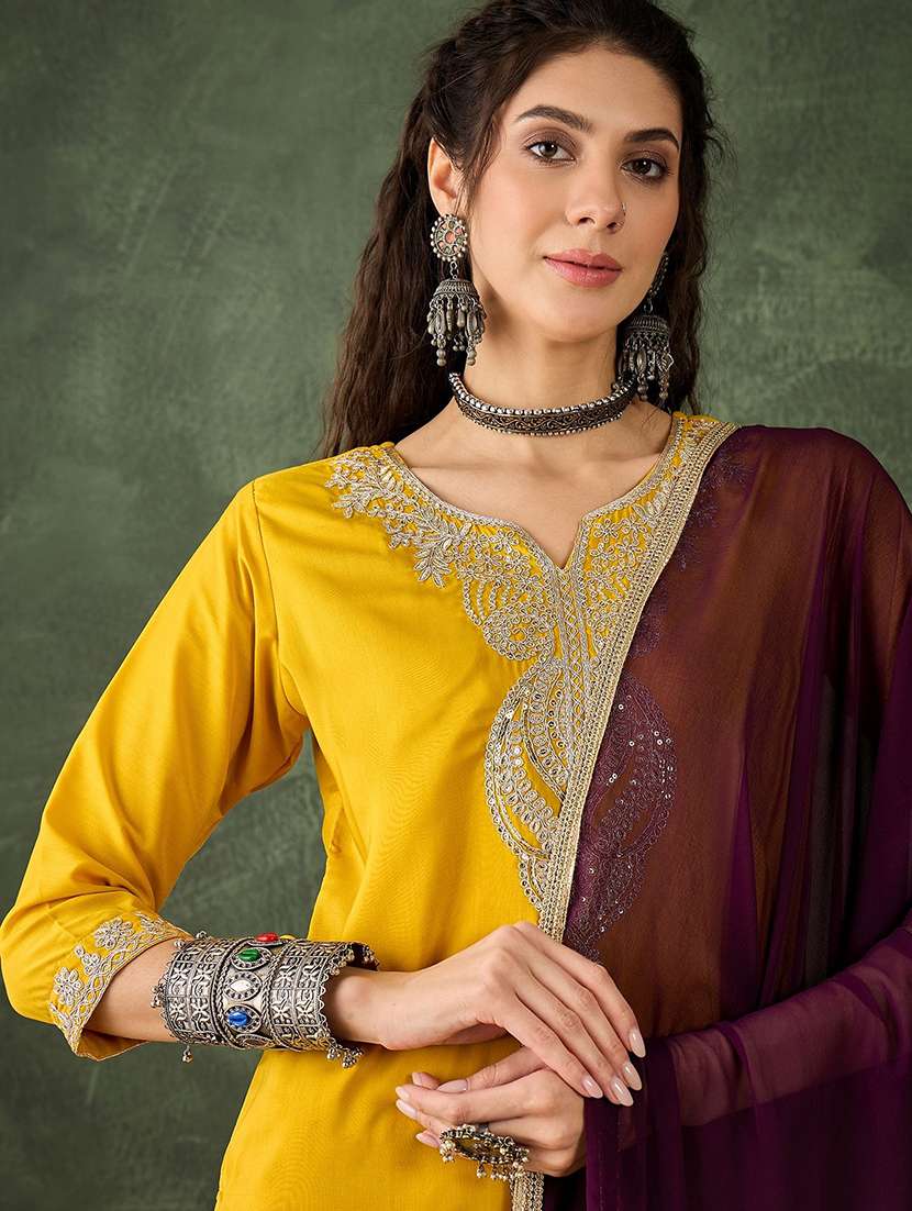 women solid with work three quarter sleeve kurta pant with dupatta set - 22440277 -  Standard Image - 1