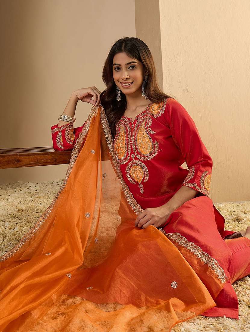 women solid with work three quarter sleeve kurta pant with dupatta set - 22440279 -  Standard Image - 1