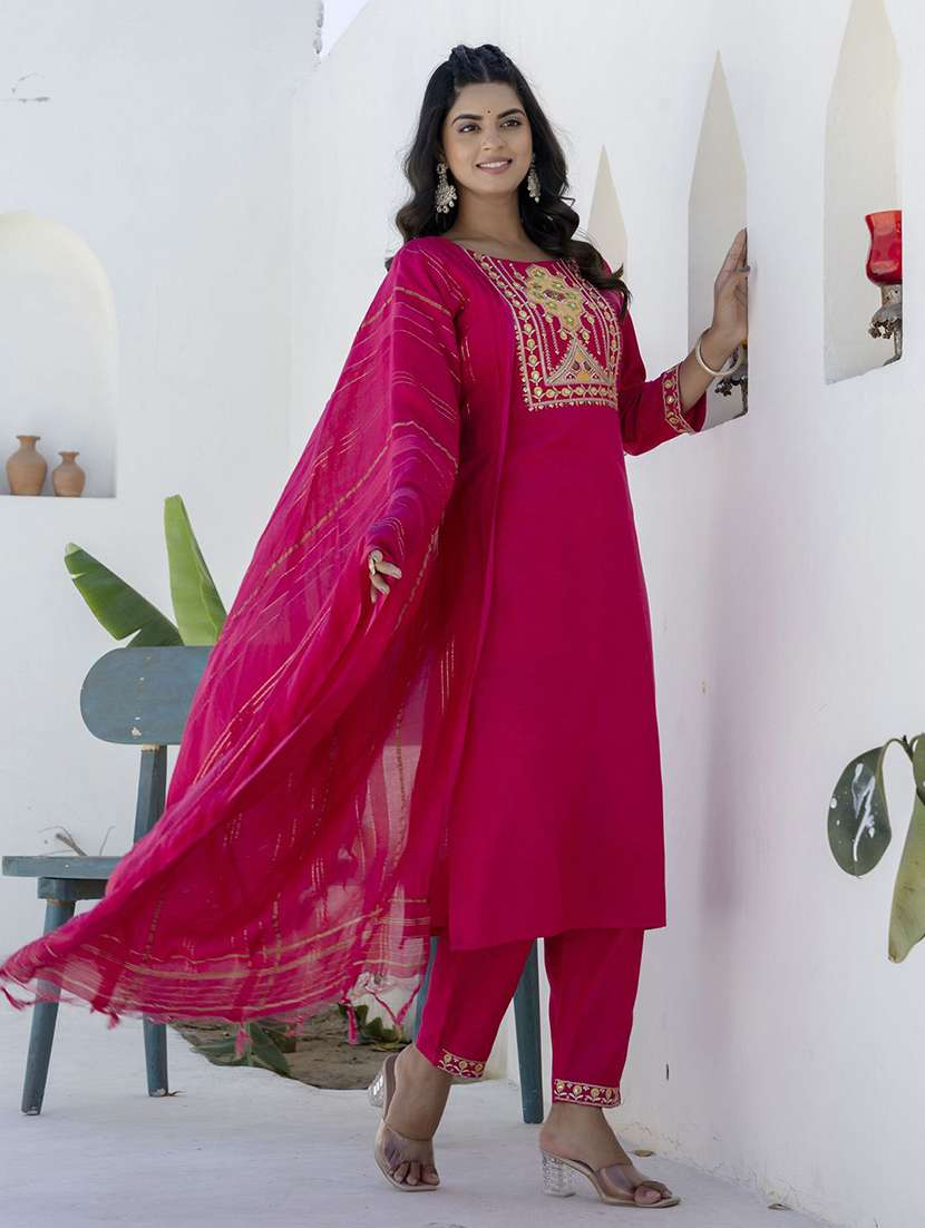 women solid with work three quarter sleeve kurta pant with dupatta set - 22440283 -  Standard Image - 1