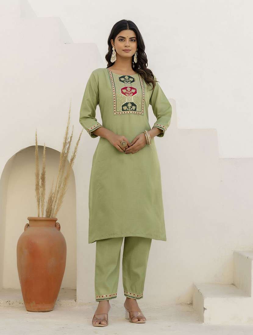 women solid with work three quarter sleeve kurta pant with dupatta set - 22440284 -  Standard Image - 1