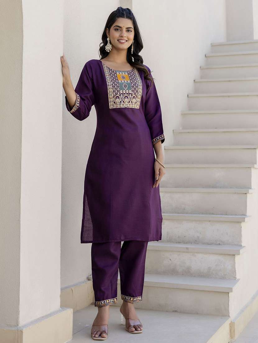 women solid with work three quarter sleeve kurta pant with dupatta set - 22440285 -  Standard Image - 1