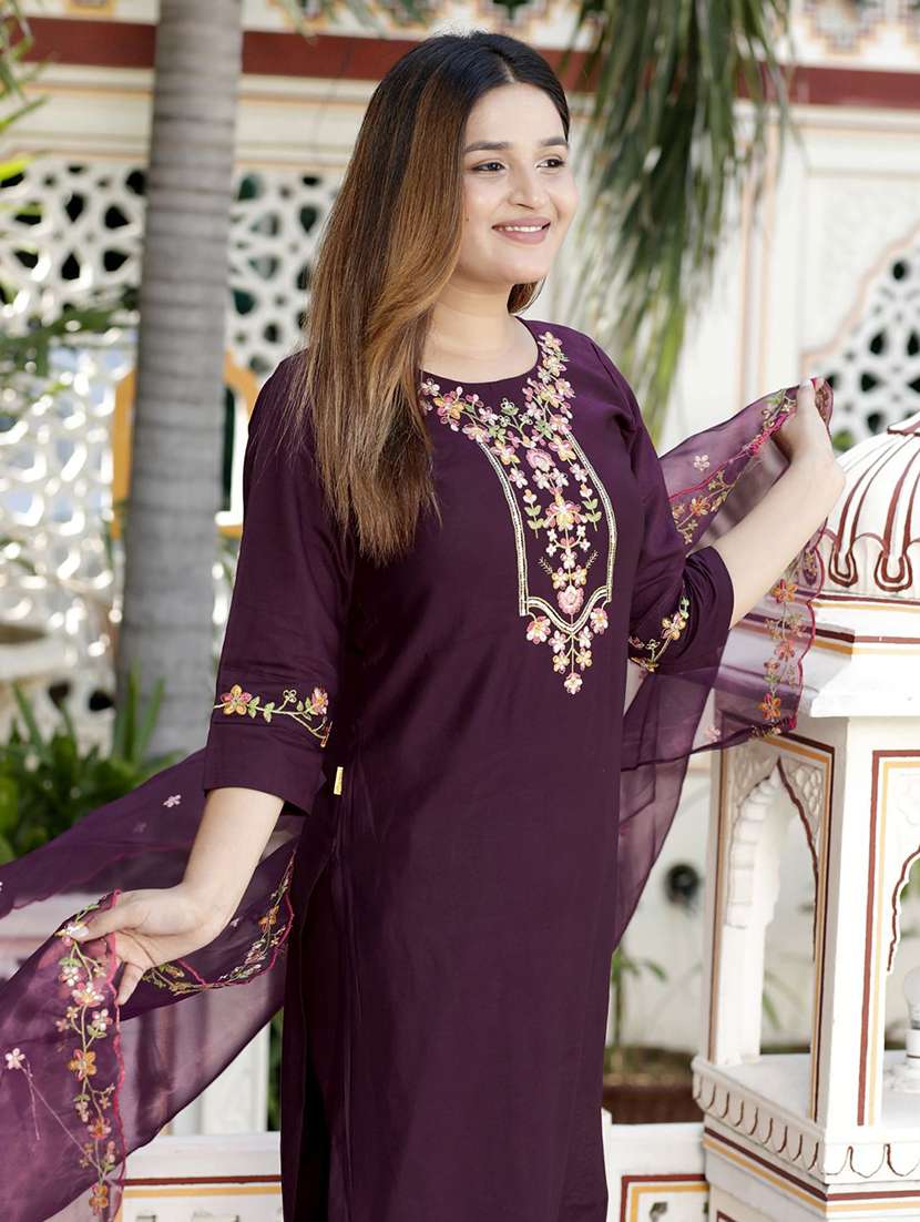 women self design purple kurta dupatta set - 22440353 -  Standard Image - 1
