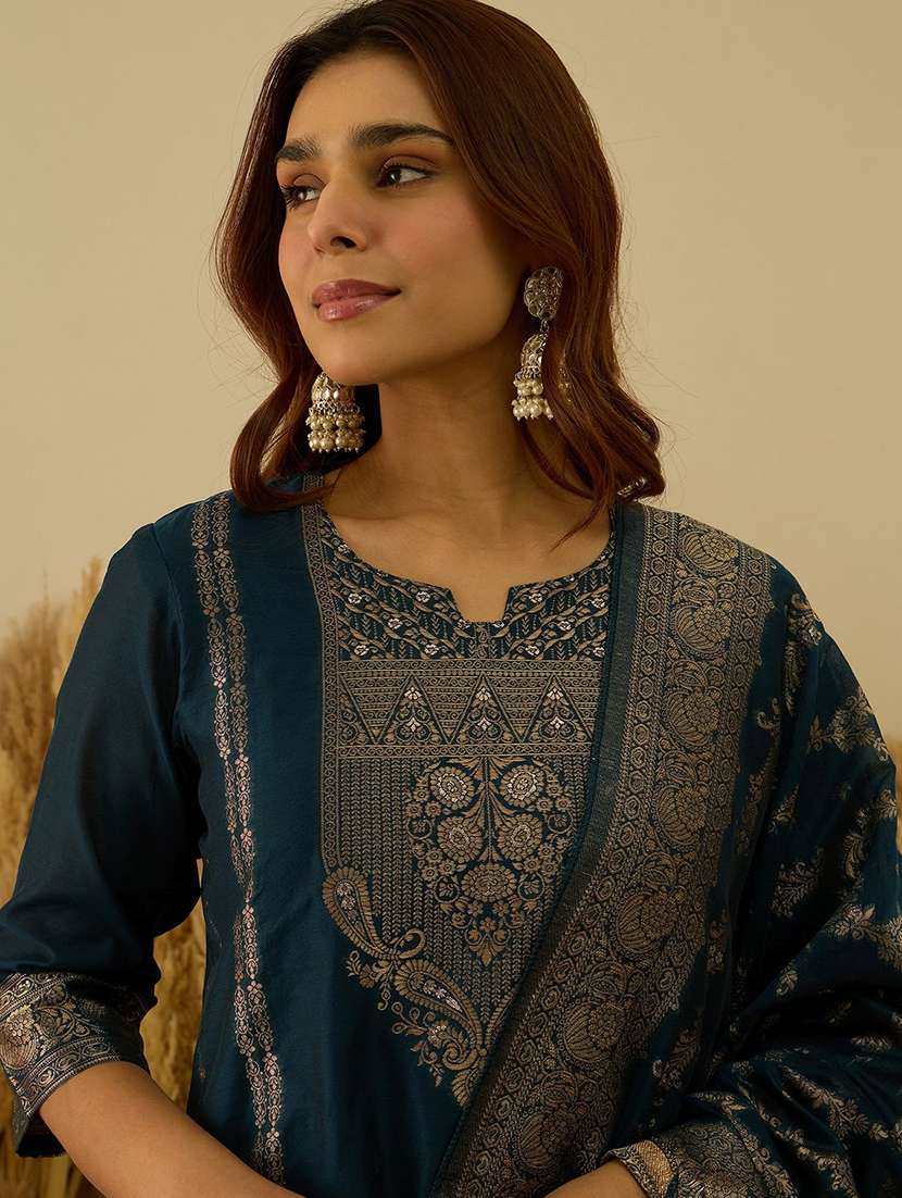 women self design blue kurta dupatta set - 22440388 -  Standard Image - 1